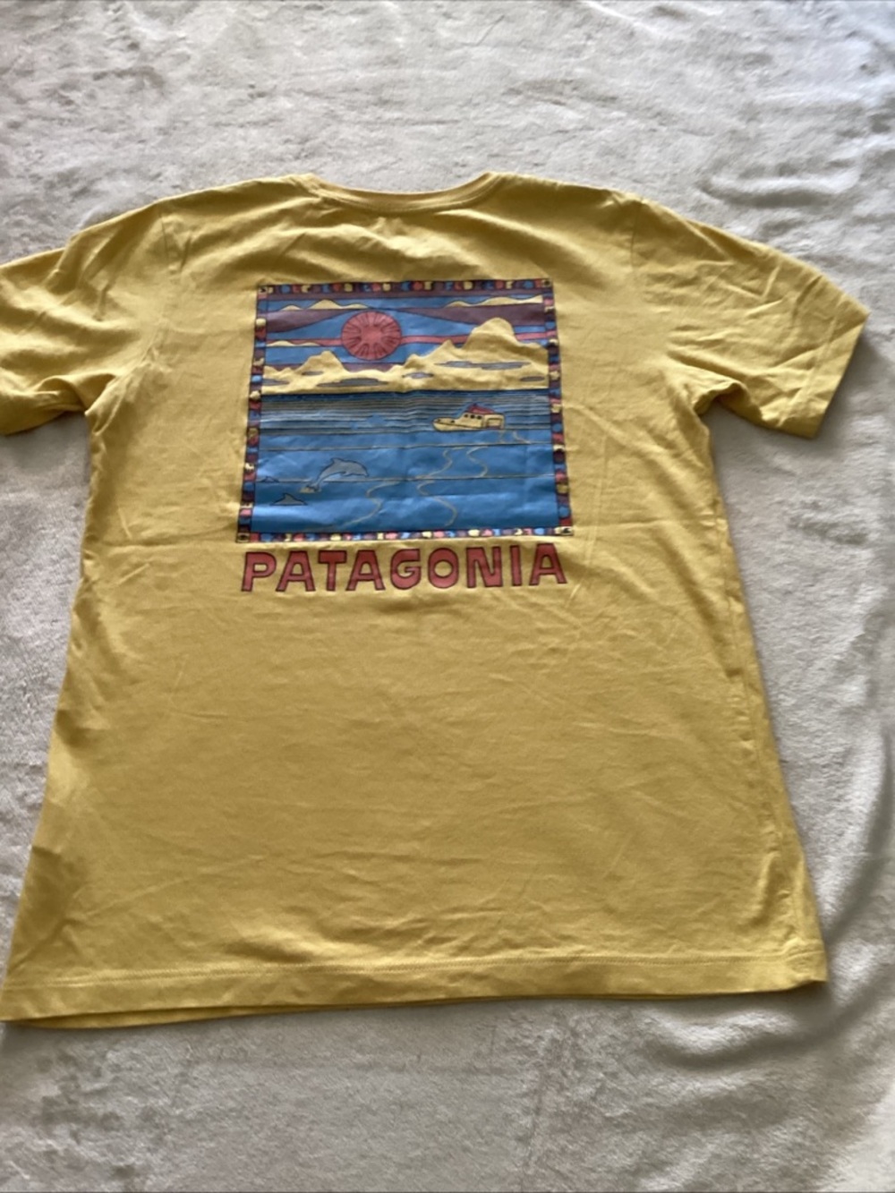 Patagonia Yellow Tee with Ocean Sunset Graphic
